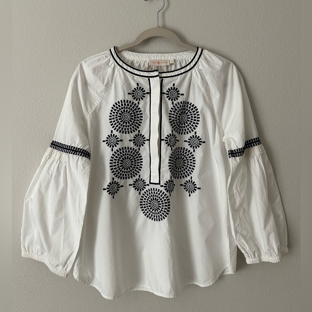 Tory Burch Woman’s Aubrey Embroidered Tunic 100% Cotton Size 4 White w Black
